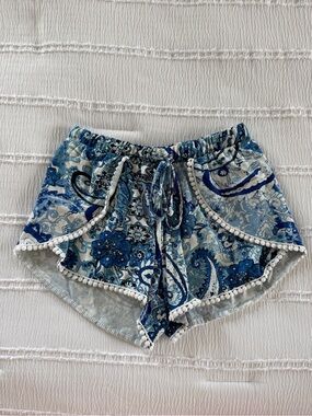 Hot Kiss Blue and White Paisley Pom-Pom Trim Boho Shorts